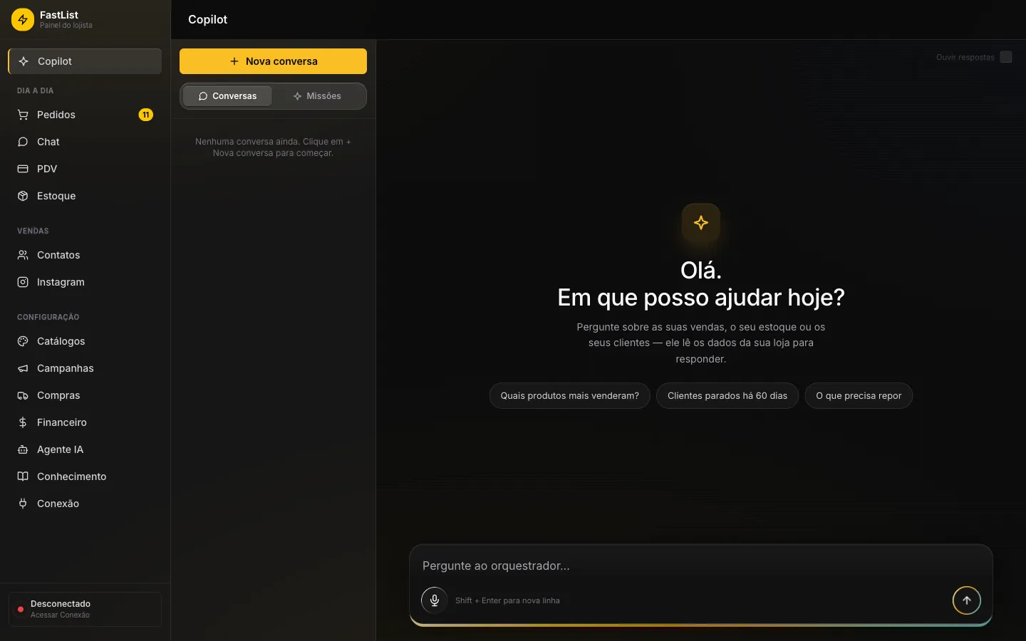 Painel do FastList mostrando o copiloto e a operação da loja